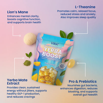 VIRA Yerba Boost package with ingredients and benefits listed on a gradient background
