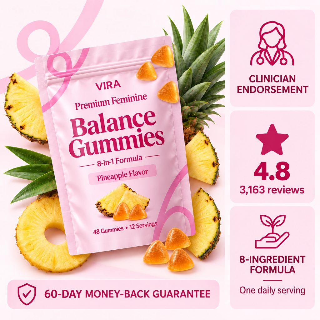 VIRA Balance Gummies pouch with pineapple: clinician endorsement, 4.8 stars from 3,163 reviews, 8-ingredient formula, 60-day money-back guarantee