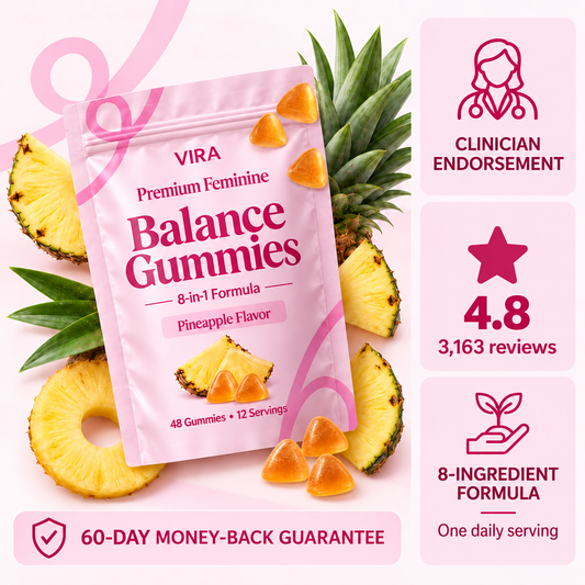 VIRA Balance Gummies pouch with pineapple: clinician endorsement, 4.8 stars from 3,163 reviews, 8-ingredient formula, 60-day money-back guarantee