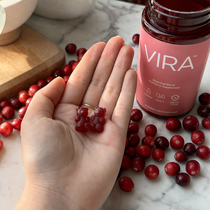 Two FEM8 Inositol+ gummies in a woman's palm with fresh cranberries