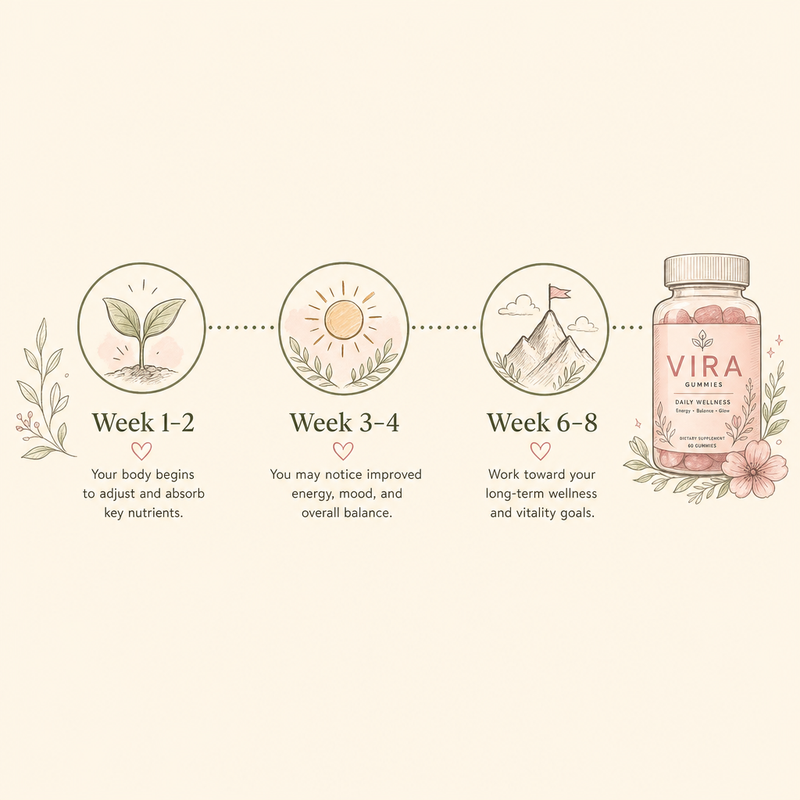 Week 2, Week 4, Week 8 timeline showing FEM8 Inositol+ progress